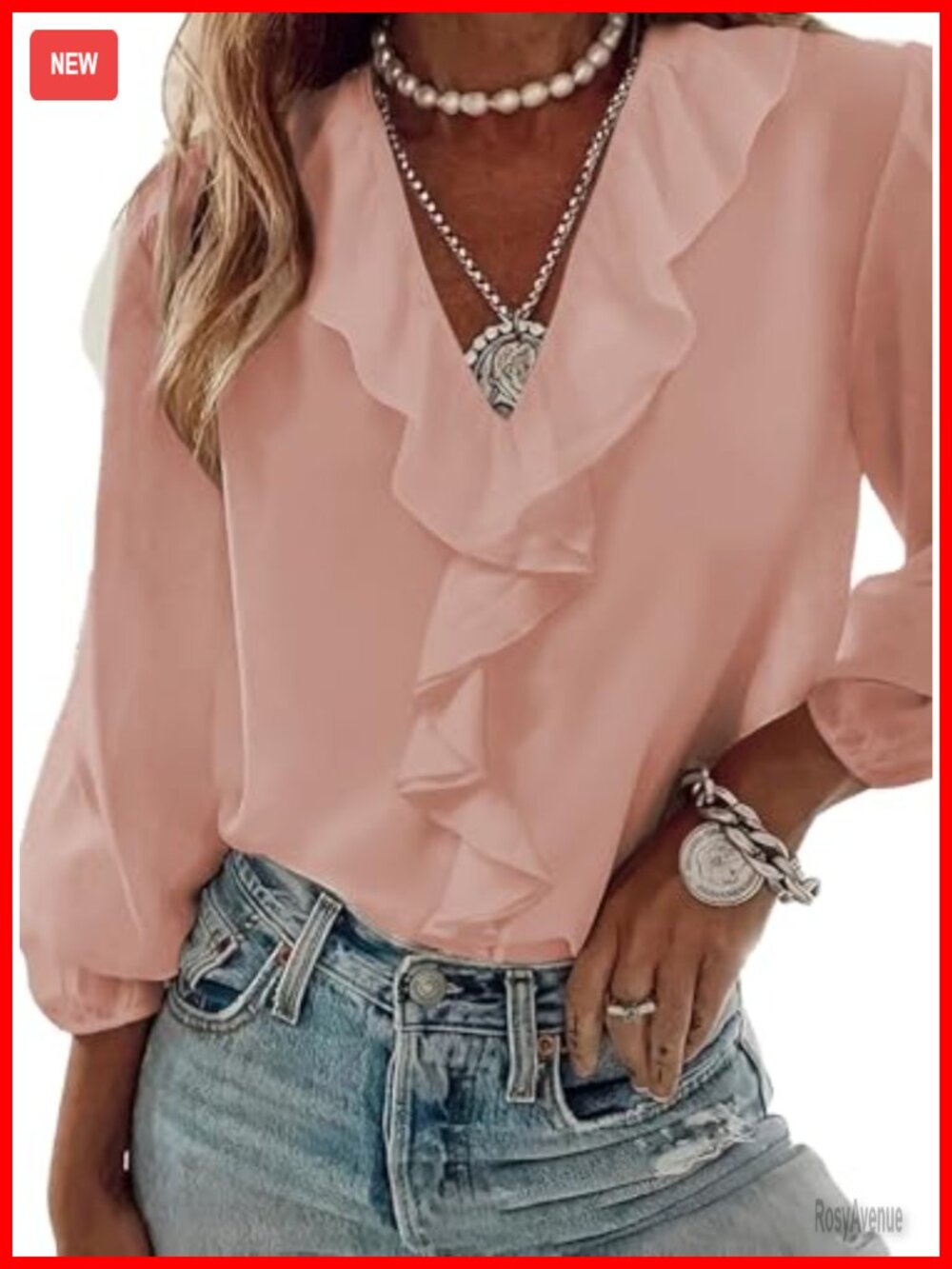 Womens Ruffle Floral Collar Blouse 3/4 Sleeve Loose Fit Business Casual Top